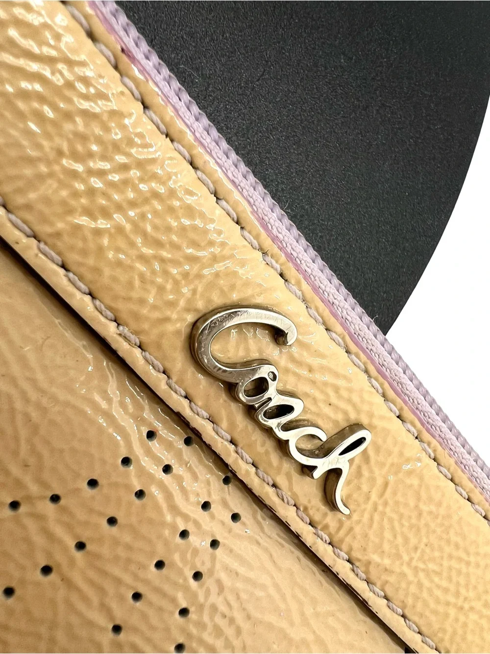 Coach Beige Patent Leather Perforated Signature C Wristlet Lilac Trim